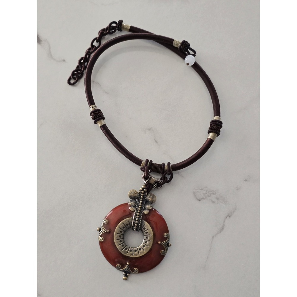 Boho Statement Pendant Necklace Red Resin Medallion Brown Cord Tribal Ethnic